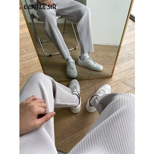 Fashion Pleated Mens Stripe Drop Nine Point Loose Straight Tube Ice Silk Floor Ankle-Length Pants Summer Thin Trousers