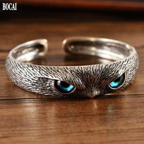 BOCAI New Real Pure s925 Silver Jewelry 2021 Trendy Exquisite Owl Personality Man Bracelet Opening Adjustable