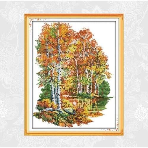 In the Autumn of Birches Cross Stitch Kits Printed Canvas DMC Cotton Thread DIY Handwork Embroidery Sets for Needlework Crafts