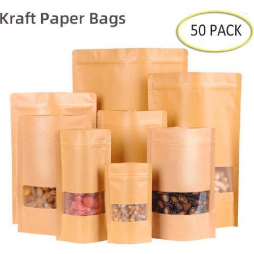 50Pcs/Set Kraft Zip Lock Stand Bags Tea Coffee Bean Candy Food Storage Pouch organizador cocina emballage cadeau Candy Paper bag