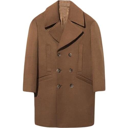 Winter Mens Wool Blends Overcoat Double Breasted Turn-down Collar Solid Color Loose Coat V34