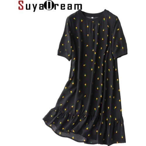SuyaDream Woman Mini Dress 100%Silk O neck Elegant A-Line Print Dress Women 2020 Summer Butterfly Dresses Silk Clothes Vestidos