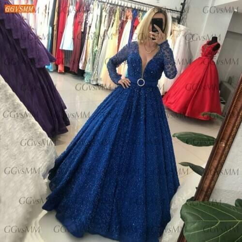 Sexy Royal Blue Evening Dresses Long Sleeves 2021 Abiti Da Sera Ball Gown Formal Party Dress For Women Custom Made Avondjurken