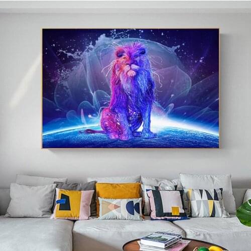 Modern Large Size Canvas Painting Animal Poster Wall Art Purple Lion Picture HD Printing For Living Room Decoration No Frame