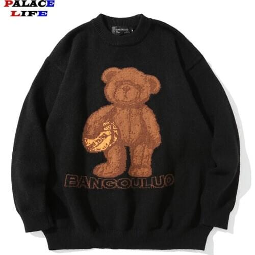 Hip Hop Knitwear Mens Sweaters 2021 Harajuku Fashion Cartoon Bear Print Male Loose Casual Couple Streetwear Pullover Tops