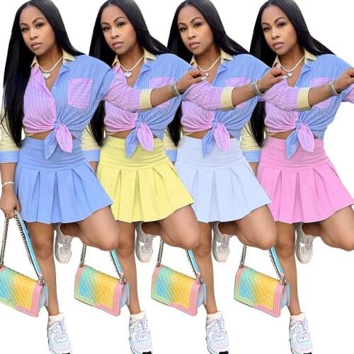 Casual Two Piece Skirt Set Women Fashion Striped Blouse Shirt Tops And High Waist Mini Pleated Skirt Cute Sweet Girls Dance Suit