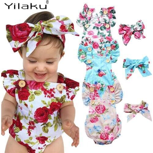 Yilaku Baby Girl Clothes Summer Toddler Girl Bodysuit 2 Pcs Headband + Briefs Romper Floral Kid Jumpsuit Children Clothing YY061
