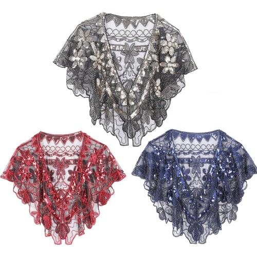 Womens 1920s Sequin Shawl Wrap Bridal Shawl Cover up Beaded Evening Cape