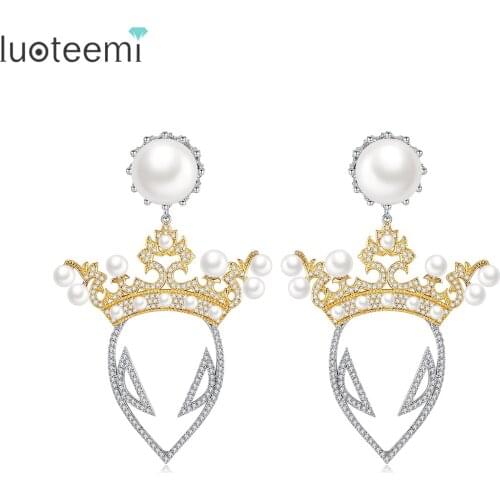 LUOTEEMI Big Drop Earrings for Women Imitation Pearls Crown Charm Fashion Jewelry Dating Prom Christmas Gifts Boucle D’Oreille
