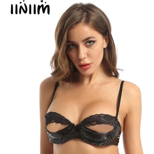 Womens Ladies Lace Splice Patent Leather Unlined Bra Tops Open Cup Bra Hole Sissy Ladies Exotic Lingerie Bras Sexy Clubwear