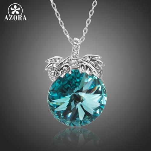 AZORA White Gold Color Big Pendants Necklaces with Round Shiny Blue Fruit Austrian Crystals Women Fashion Jewelry TN0233
