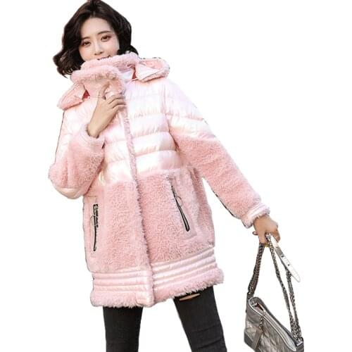 Lambskin Winter Jacket Coat Women 2021 New Glossy Stitching Padded Parka Jacket Female Hooded Long-sleeved Winter Outwear Women