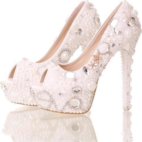 2016 Summer 14cm High Heels Platform Crystal Bride Shoes Handmade Party Prom Pumps Peep Toe White Pearl Wedding Bridal Shoes