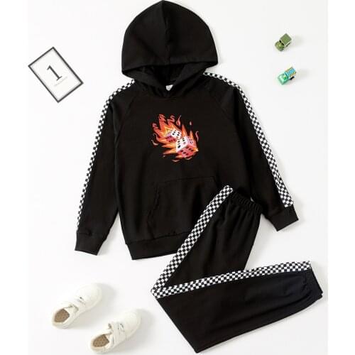 PatPat 2-piece Kid Boy Flame Print Plaid Long-sleeve Hoodie and Elasticized Pants Casual Set