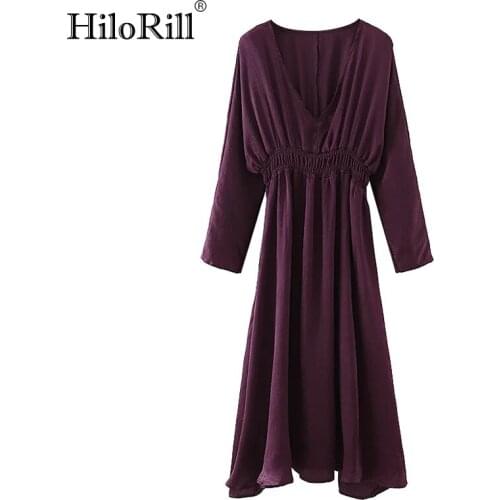 HiloRill Women Vintage V Neck Casual Dresses 2021 Solid Elastic Waist Chic Midi Dress A-line Long Sleeve Elegant Dress Vestidos