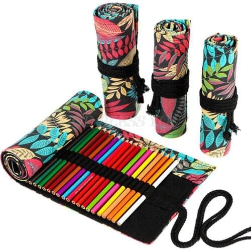 Tree Leaf 12/24/36/48/72 Holes Canvas Roll Pen Curtain Pencil Bag Case Makeup Wrap Holder Storage Pouch School Supplies