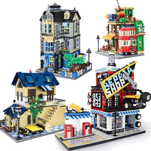 City Architecture Coffee House Garage Building Block Creative Hotel Shop Restaurant Store Street View Moc Model Construction Toy