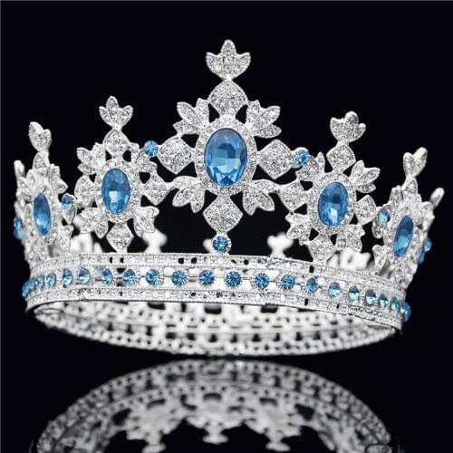 Bridal Crown for Queen King Tiara Diadem Blue Crystal Tiaras and Crowns Bride Headdress Wedding Hair Jewelry Accessories