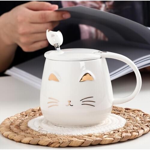 Cute cat cup creative cute cartoon ceramic cup cover personality trend mug scoop simple lovers cup