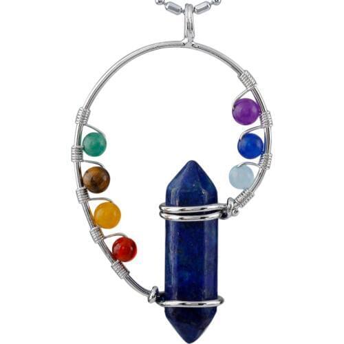 SUNYIK Lapis Lazuli Stone Hexagonal Point Pendant,7 Bead Chakra Healing Charm,For Necklace (Free Chain)
