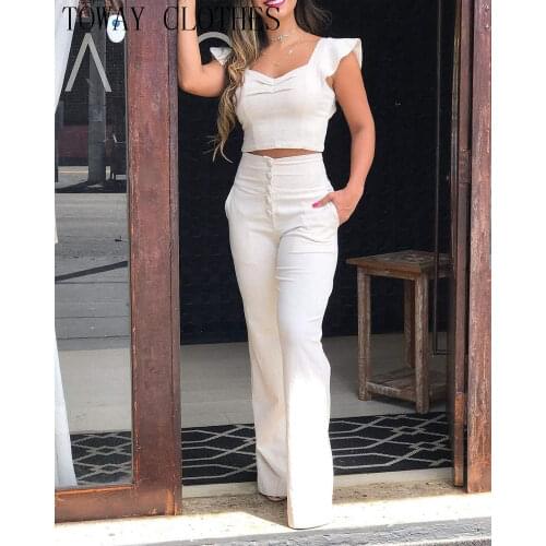 Summer Women Flutter Sleeve Zip Back Top & Buttoned High Waist Pants Set