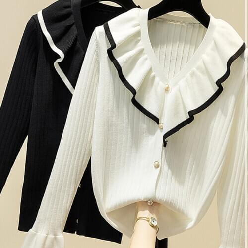 LJSXLS Pull Femme Autumn Winter Casual Ruffles Sweater Women Sweet V-Neck Flare Sleeve Sweaters Womens Pullovers Black White