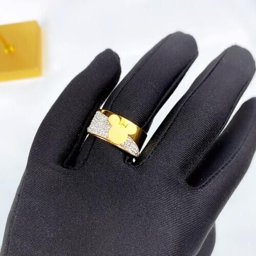 Cartoon Kawaii Mouse Ring Titanium Steel Chain Ring Inlaid Crystal Fashion Trendy Women Jewelry Birthday Gift