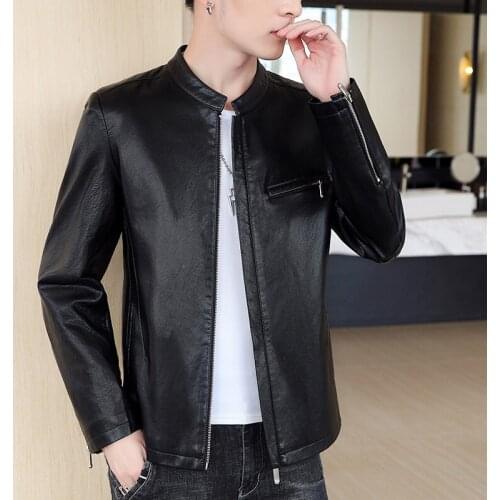 2021 spring and autumn collar Leather Mens Korean slim fit trend leather jacket cool locomotive casual coat