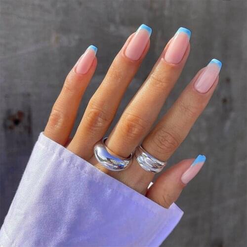 24pcs Blue Nail Patch Glue Type Removable Mid Length Paragraph Fashion Manicure Save Time False Nail Patch SANA889