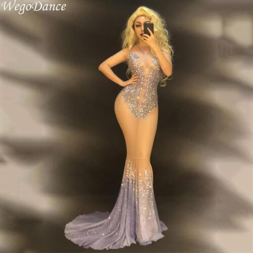 New Fashion full Rhinestones Women Evening Birthday Celebrate long Dress Nightclub Stage Women party Singer Dancer costume