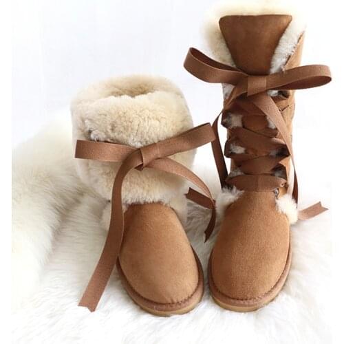 New Sheepskin Snow Boots Australia Knee high Winter Natural Wool Boots Sheep Fur Boots Knee Bow Flat Women Long Boots