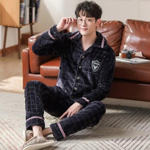 Autumn Winter Flannel Cartoon Mens Pyjamas Thicken Warm Soft Pajamas Set Casual Male Sleepwear Pyjamas Night Pijamas 3XL