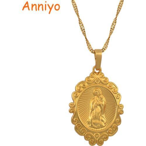 Anniyo Wholesale Lucky Gold Color Virgin Mary Pendants Necklaces Chain Women,Christianity Jewelry Our Lady Goddess #050504