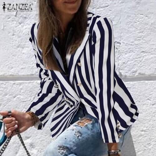 ZANZEA Fashion Double Button Short Coats Women Autumn Vertical Striped Coats Casual Office Long Sleeves Outwears Oversized 5XL