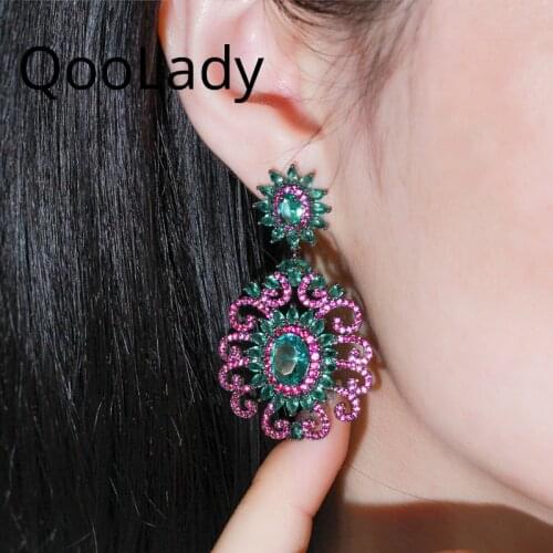 QooLady Vintage Green Fuchsia CZ Stone Black Gold Big Flower Dangle Drop Earrings for Ladies Party Gothic Punk Jewelry E239