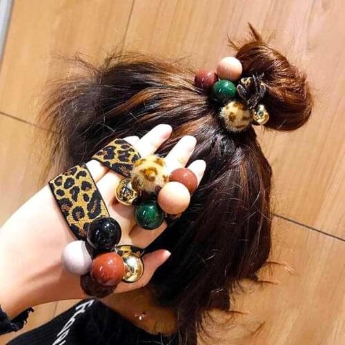 1 New hair rope ladies leopard imitation pearl rubber elastic hair band girls punk ponytail striped hair accessories hair rope