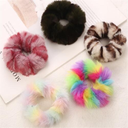 1PC Colorful Leopard Print Plush Fur Scrunchies Elastic Hair Bands For Girls Warm Ponytail Holder Hair Accessories