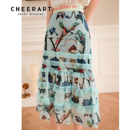 CHEERART Silk Road Print Retro Skirt Women Summer Mesh A Line Ruched Ruffle Skirt High Waist Floral Flare Frill Skirt Ladies