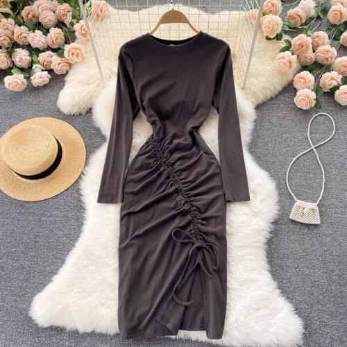 SINGREINY Women Fashion Korean Dress Long Sleeve O Neck Drawstring Ruched Slim Dresses Autumn Sexy Split Streetwear Dress 2021