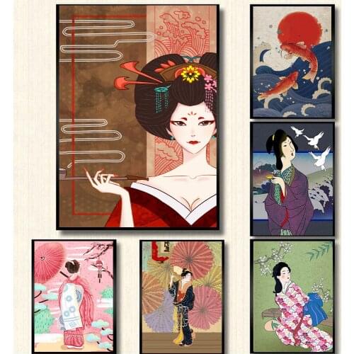 Retro Japanese Anime Manga Illustration Canvas Art Deco Painting Japanese Geisha Traditional Costume Koi Home Decor Art Wall
