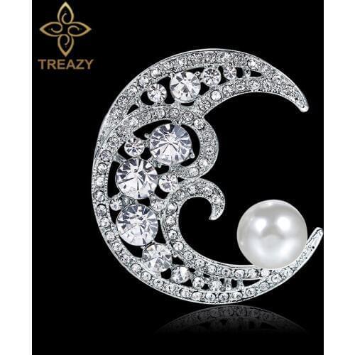 TREAZY Fashion Moon Shape Women Brooch with Pearl Silver Color Crystal Brooches & Pins Banquet Wedding Accessories New Year Gift