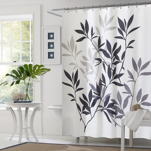 European style 100% Polyester black-grey leaf waterproof fabric shower curtain high quality bathroom curtain with 12 hooks