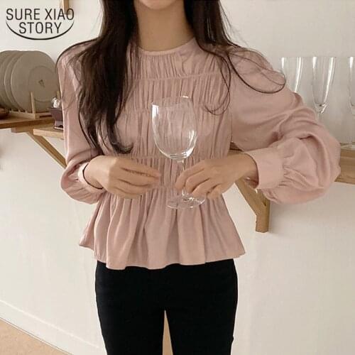 2021 Spring Long-Sleeve Chiffon Shirt Women Office Lady Pleated O Neck Blouse Women Puff Long Sleeve Elegant Female Tops 11020