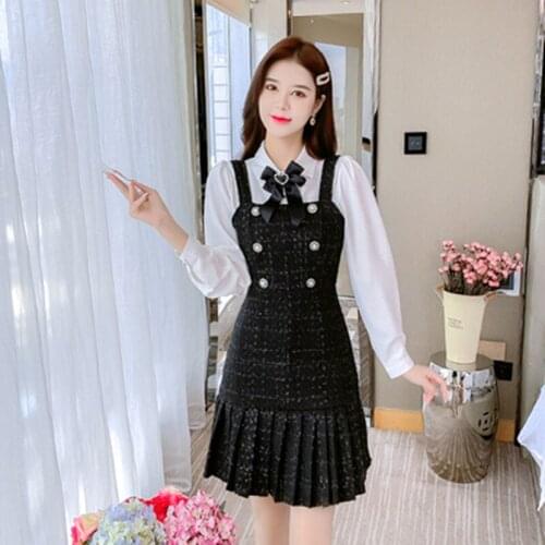 Sweet Two Piece Dress Set Women Autumn Winter White Shirt And Vintage Sleeveless Vest Plaid Tweed Pleated Dresses Suits