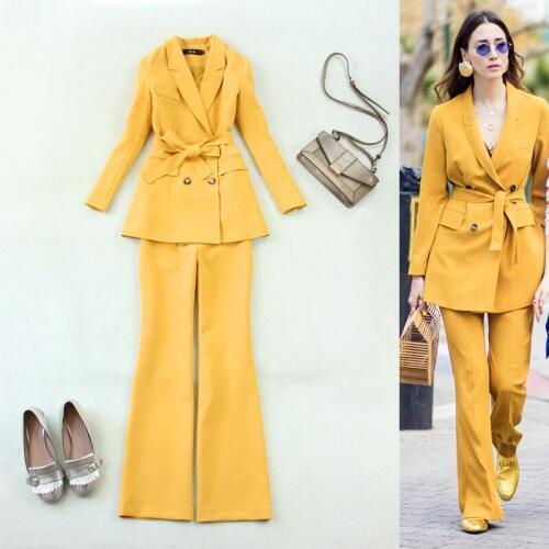 Womens suit spring and autumn new style banana yellow belt OLdouble-breasted suit + flared trousers occupation 2piece set women