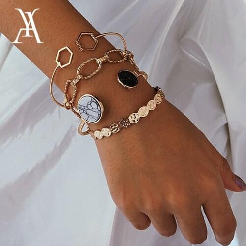 Bohemian Multi Layers Stacking Open Cuff Bracelet Bangle Natural Stone Big Chain Geometric Bracelet Set for Women Pulseras