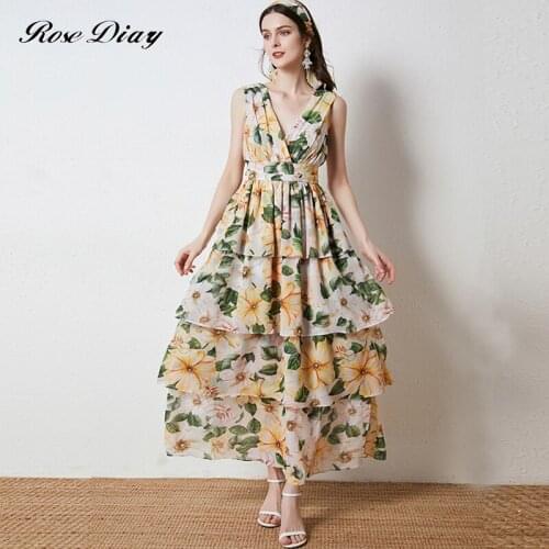 S-XXL 2021 Summer Camellia Floral Print Cascading Ruffles Maxi Dress Womens Sleeveless V-Neck Backless Chiffon Long Cake Dress