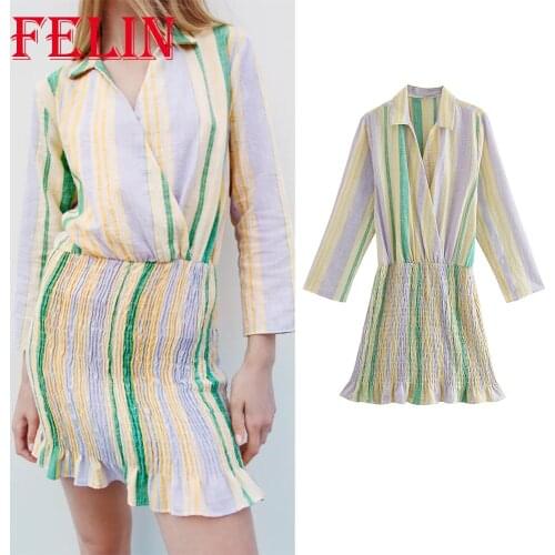 Za 2021 Autumn Fashion Vintage Pleated Mini Dress Long Sleeve V Neck Sexy Party Dress Elegant Mujer Vestidos