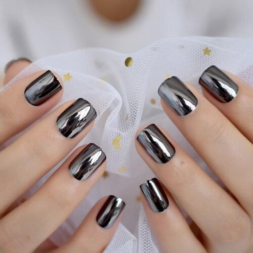 24Pcs Short Squoval Chome Holographic Nail Tips Wholesale Full Cover Nails Gels Nails Artificial False Nail