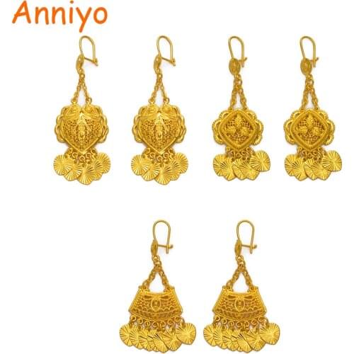 Anniyo African Gold Color Drop Earrings for Women Girls,Arab Ghana Nigeria Jewelry Gifts With Heart Small Pieces #111306